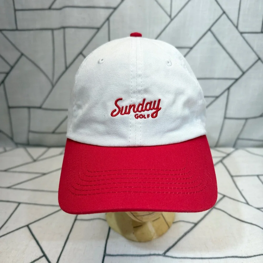 Sunday Golf Hat OS White Red Embroidered Logo Adjustable Strapback Dad Cap
